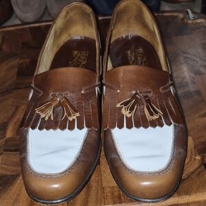 Ferragamo Brown and White Leather Kiltie Loafers 9 1/2 D